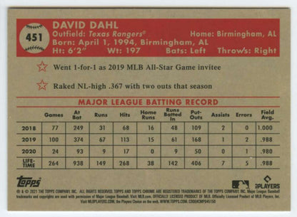 David Dahl Texas Rangers baseball card featuring MLB statistics and career highlights