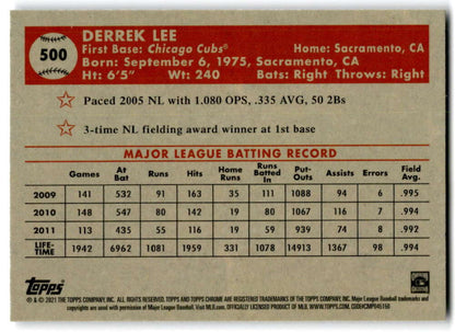 Baseball card of Derrek Lee’s MLB stats 2009-2011 for Chicago Cubs Platinum Anniversary