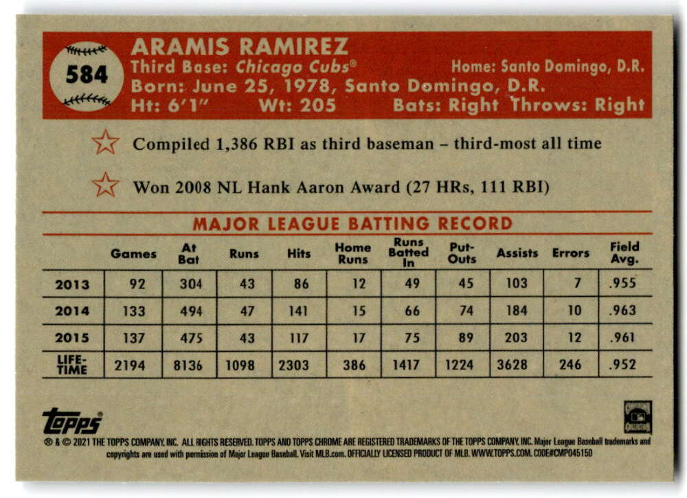 Baseball card featuring Aramis Ramirez career stats from 2013-2015 Topps Chrome Platinum Anniversary