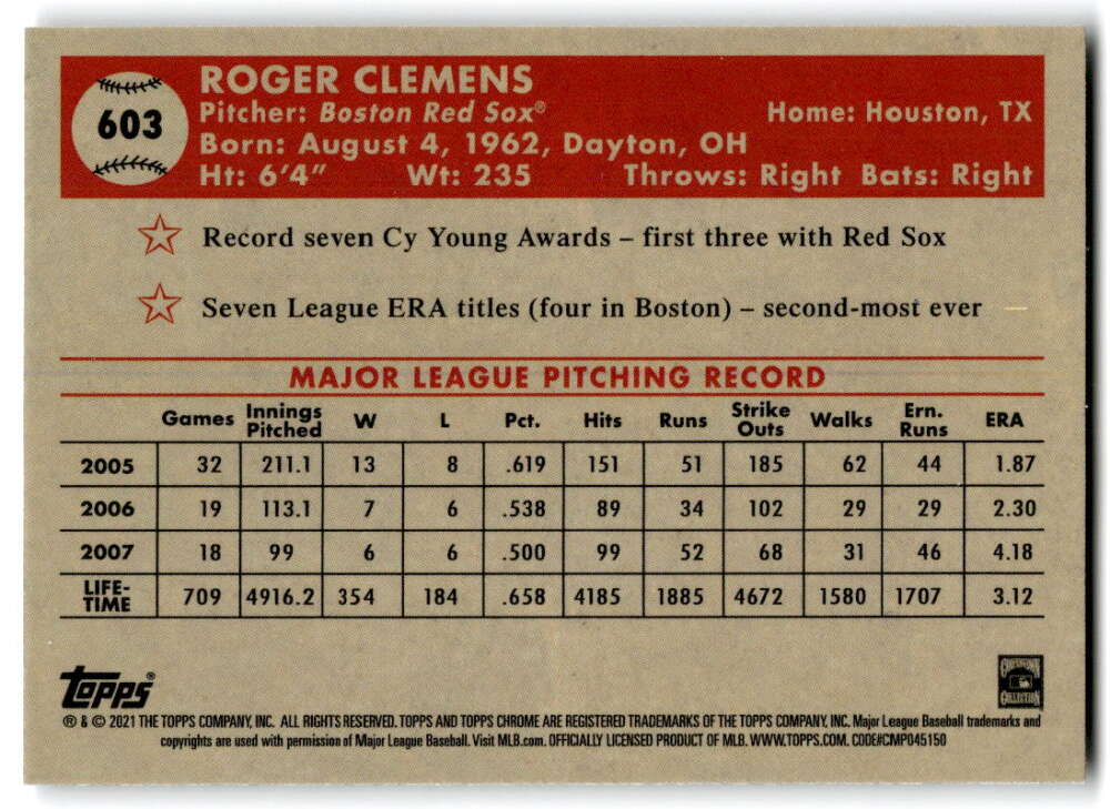 Baseball card of Roger Clemens with statistics from 2005-2007, Boston Red Sox collectible