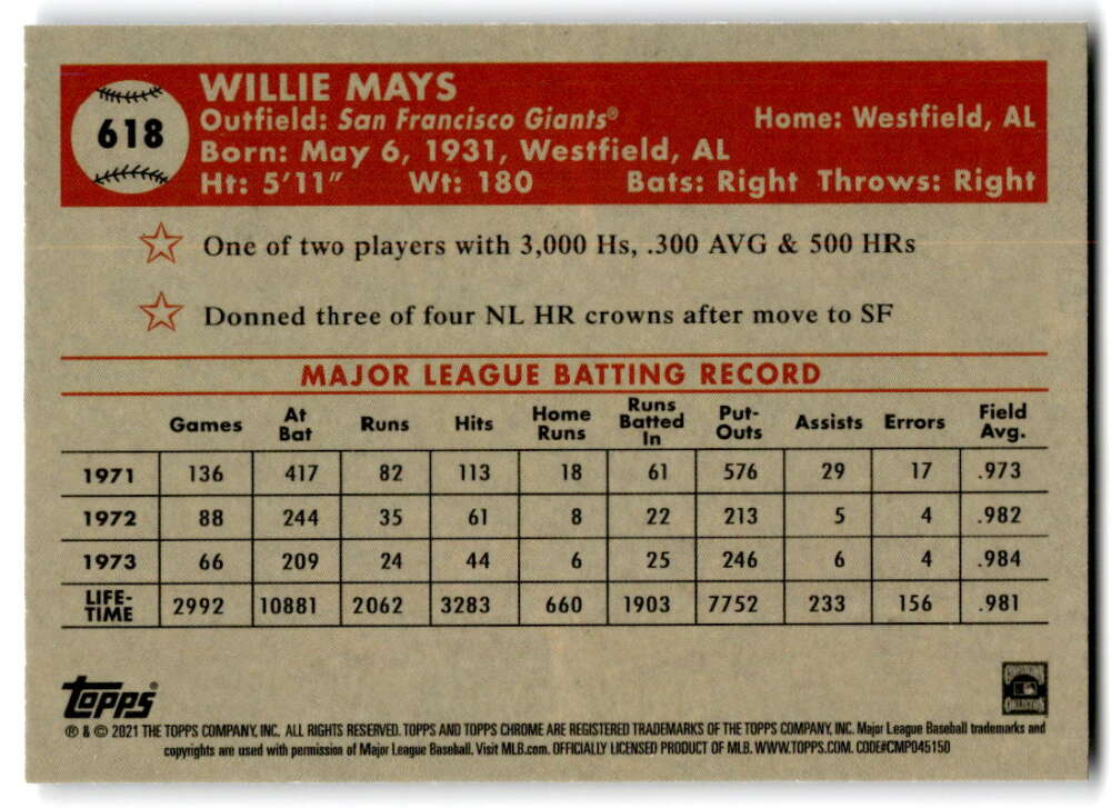 Baseball card of Willie Mays showcasing stats from 1971-1973, Chrome Platinum Anniversary