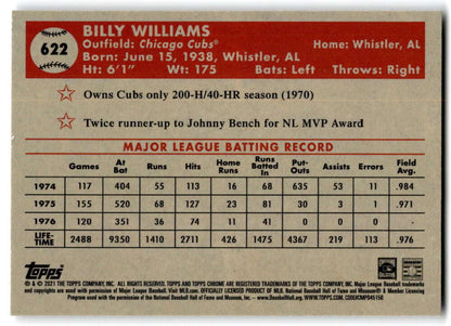 Billy Williams Topps Chrome baseball card featuring Chicago Cubs statistics