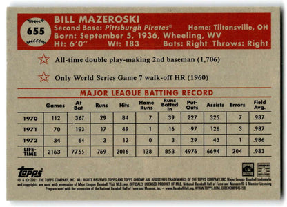 Baseball card of Bill Mazeroski with 1970-73 stats for Pittsburgh Pirates Topps Chrome