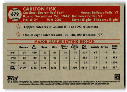 Baseball card featuring Carlton Fisk’s batting stats from 1991-1993, Topps Chrome Platinum