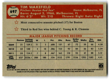 Tim Wakefield pitching stats 2009-2011 on Topps Chrome Platinum card Red Sox