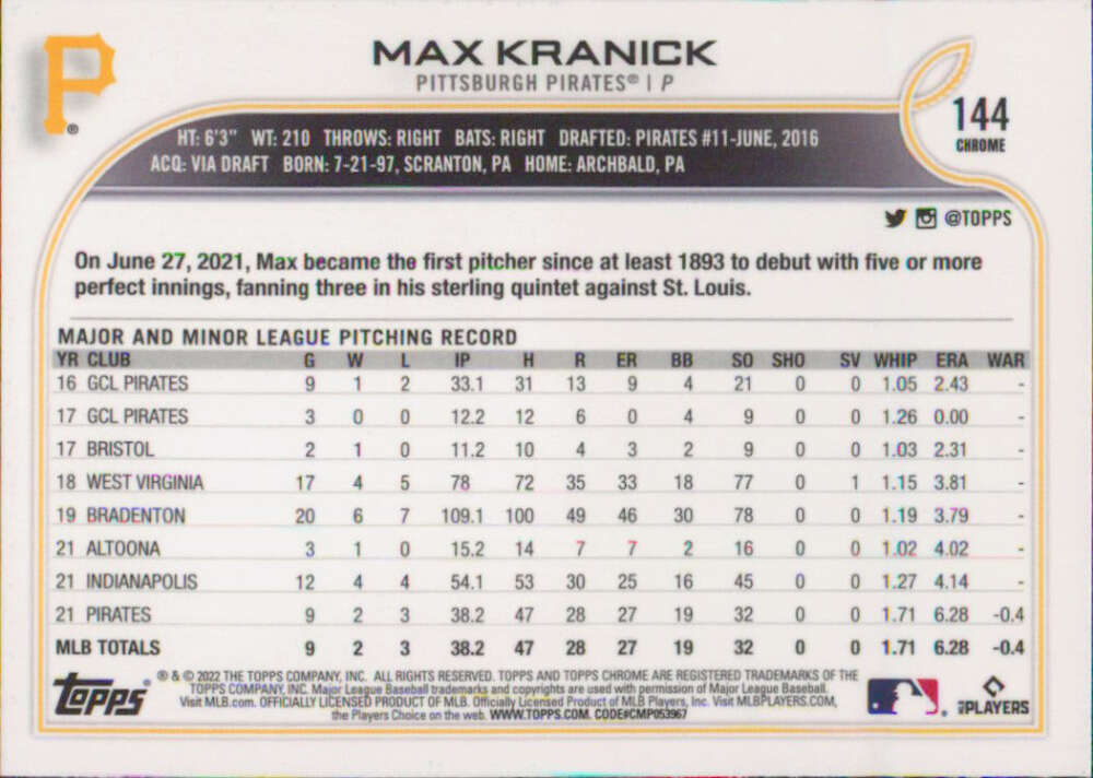 Baseball card featuring Max Kranick’s MLB stats from Topps Chrome, Pittsburgh Pirates rookie