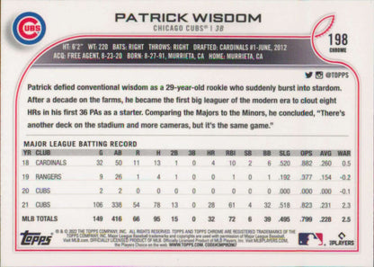 Baseball card featuring Patrick Wisdom’s MLB stats for Chicago Cubs 2022 Topps Chrome