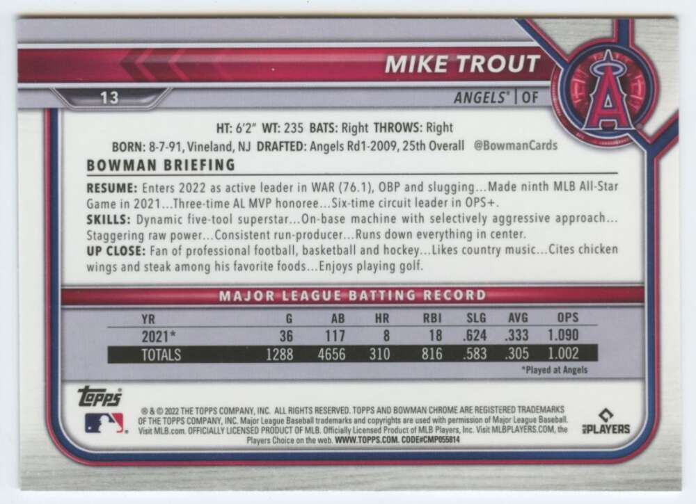 Baseball card back displaying Mike Trout stats from 2022 Bowman Chrome, Los Angeles Angels