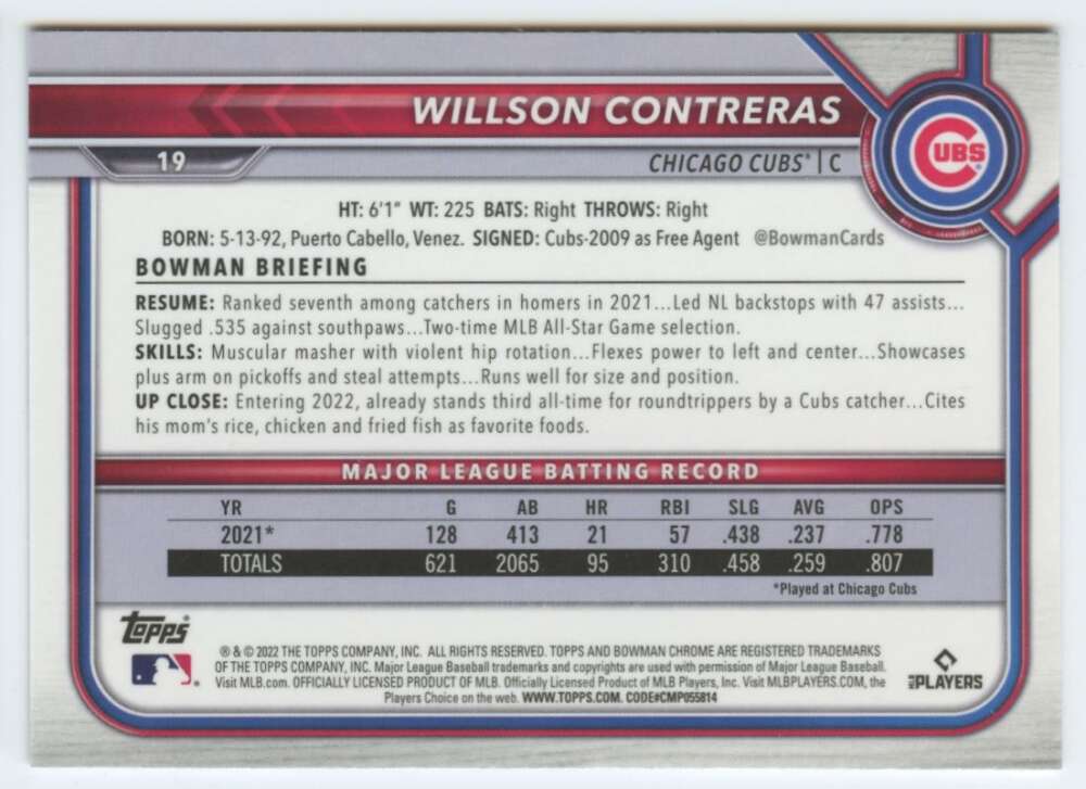 2022 Bowman Chrome #19 Willson Contreras Chicago Cubs Baseball card with stats and info