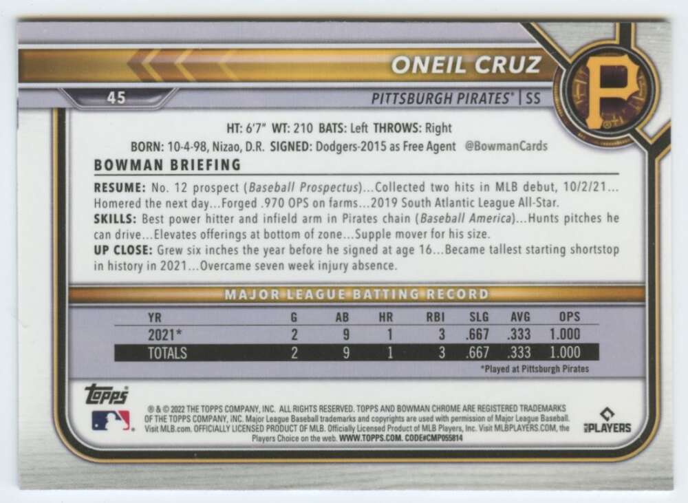 Oneil Cruz Pittsburgh Pirates Baseball Card showing player stats and information