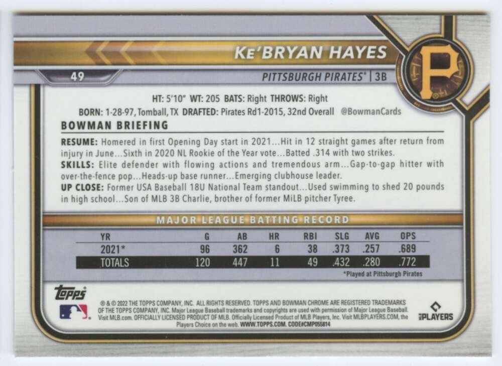 Baseball card featuring Ke’Bryan Hayes statistics for Pittsburgh Pirates 2022 Bowman Chrome