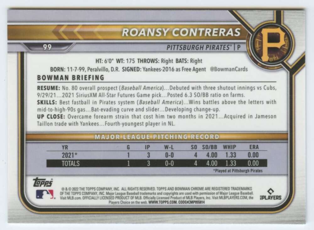 Back of 2022 Bowman Chrome Roansy Contreras Baseball Card with player stats for Pittsburgh Pirates