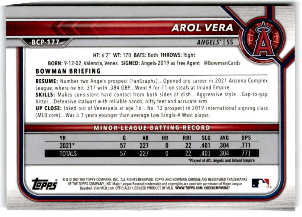 Arol Vera baseball card featuring minor league stats from Bowman Chrome Prospects