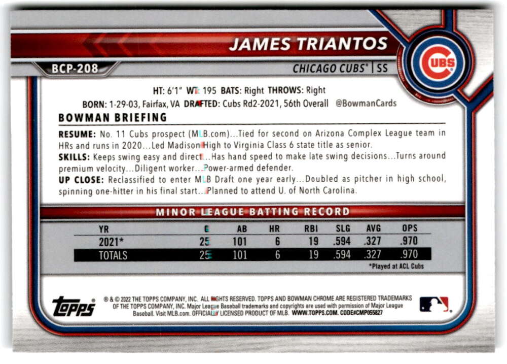 Baseball card of James Triantos from 2022 Bowman Chrome Prospects for Chicago Cubs