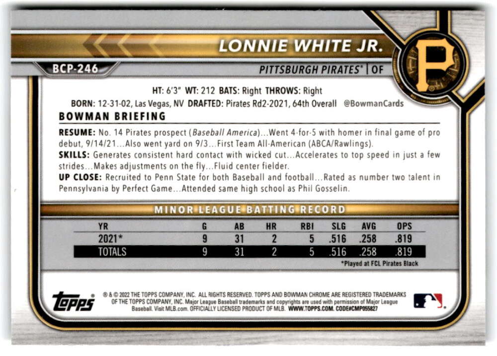 Baseball card featuring Lonnie White stats for Pittsburgh Pirates, 2022 Bowman Chrome Prospects