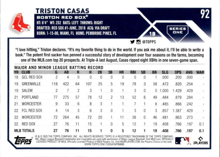 Triston Casas 2023 Topps #92 rookie card featuring Boston Red Sox batting statistics