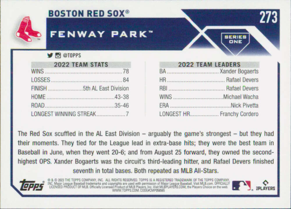 Boston Red Sox 2023 Topps #273 card featuring Fenway Park and 2022 team stats