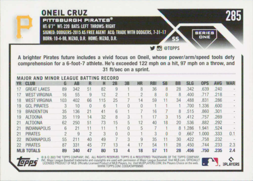 Pittsburgh Pirates Oneil Cruz baseball card featuring batting statistics 2023 Topps #285