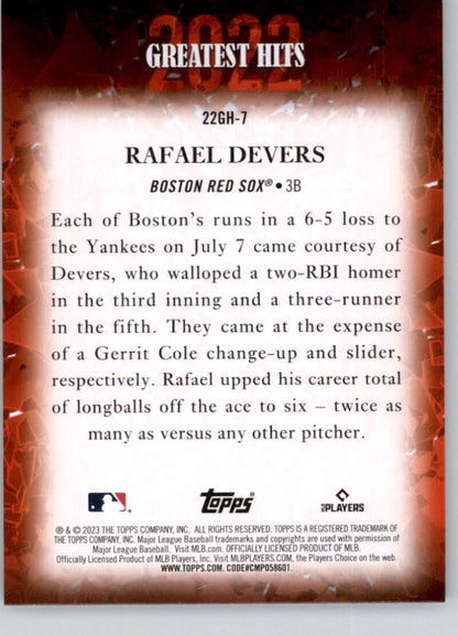 Rafael Devers 2020 Greatest Hits baseball card featuring Red Sox vs Yankees moment