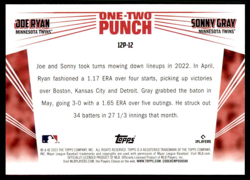 Baseball card featuring Joe Ryan and Sonny Gray stats for Minnesota Twins 2022 season