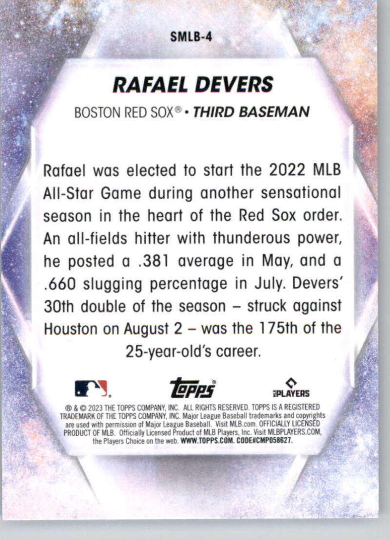 Rafael Devers 2023 Topps Stars baseball card featuring Boston Red Sox statistics and highlights