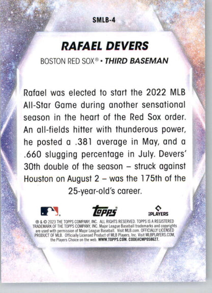 Rafael Devers 2023 Topps Stars baseball card featuring Boston Red Sox statistics and highlights