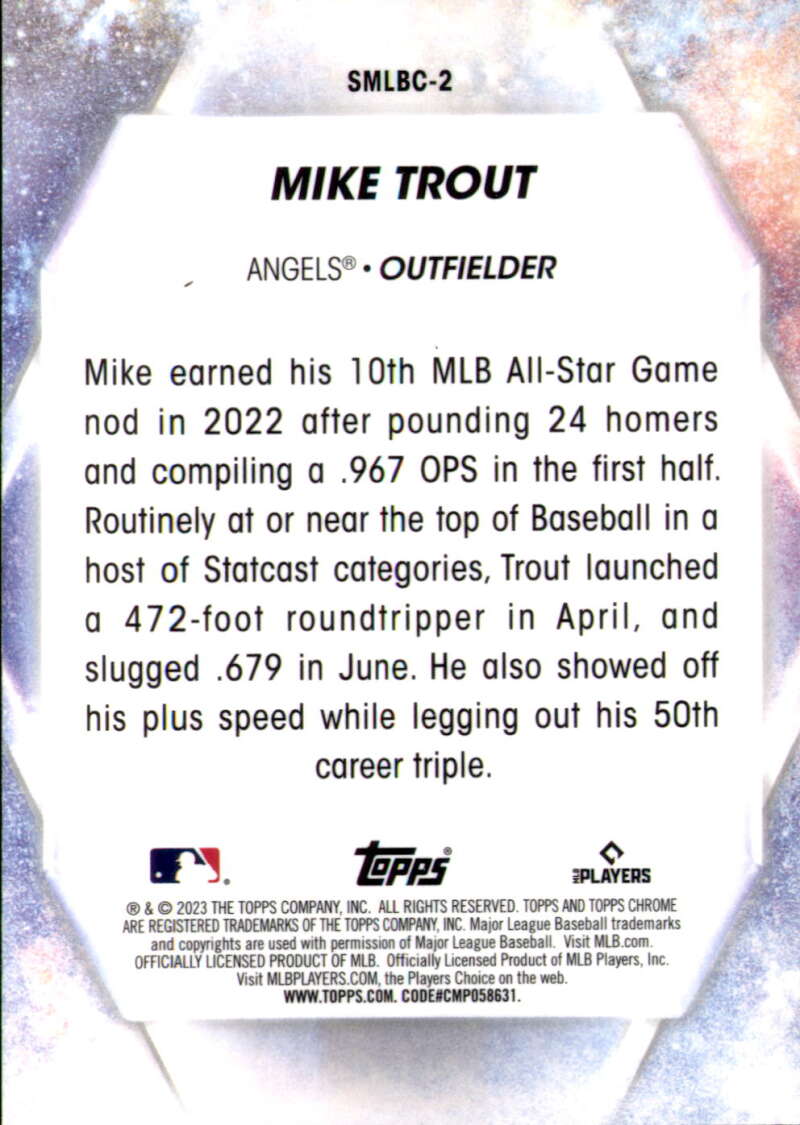 Mike Trout 2023 Topps Stars MLB Chrome Refractor card showcasing statistics and achievements