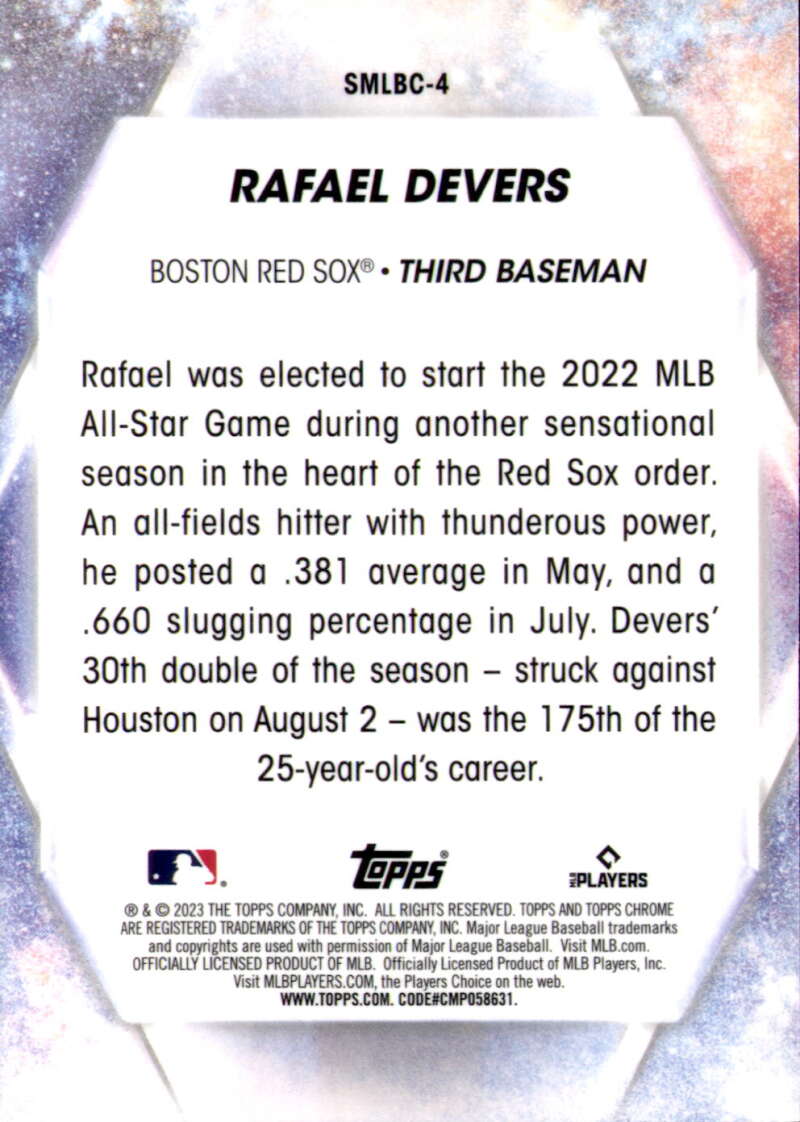 Baseball card of Rafael Devers showcasing career stats for Red Sox fans