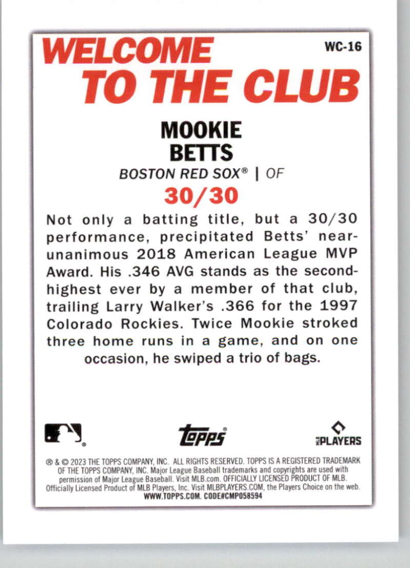 Mookie Betts Welcome to the Club baseball card featuring Boston Red Sox achievement stats