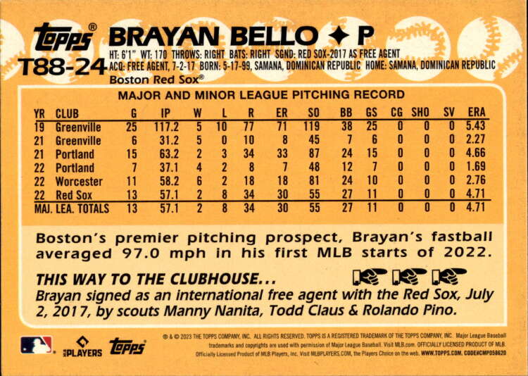 Brayan Bello 2023 Topps Baseball card displaying pitching stats for Boston Red Sox