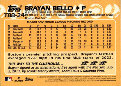 Brayan Bello 2023 Topps Baseball card displaying pitching stats for Boston Red Sox