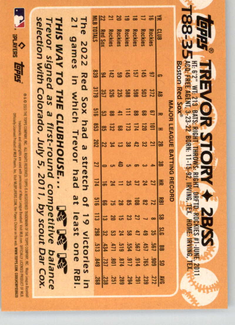 Back of 2023 Topps 1988 Trevor Story Baseball Card featuring Boston Red Sox stats