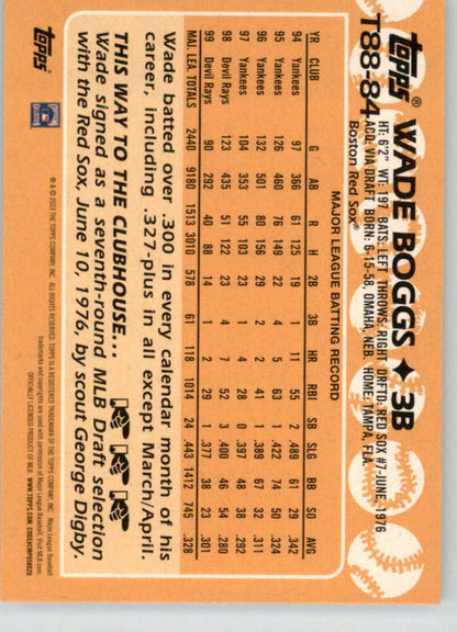 Baseball trading card of Wade Boggs featuring orange design and Boston Red Sox stats