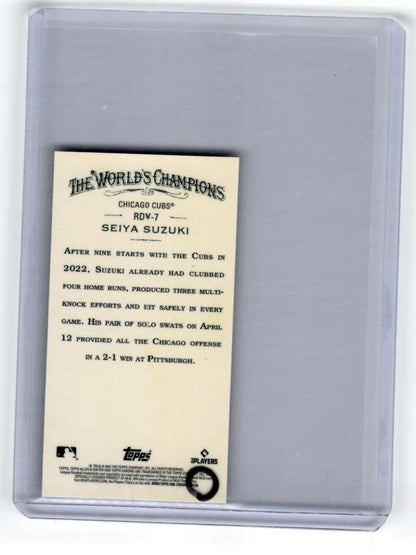 Back side of Seiya Suzuki Chicago Cubs baseball card showing text and copyright info