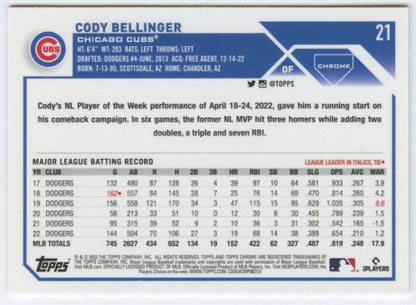 Baseball card featuring Cody Bellinger MLB stats for Chicago Cubs 2023 Topps Chrome