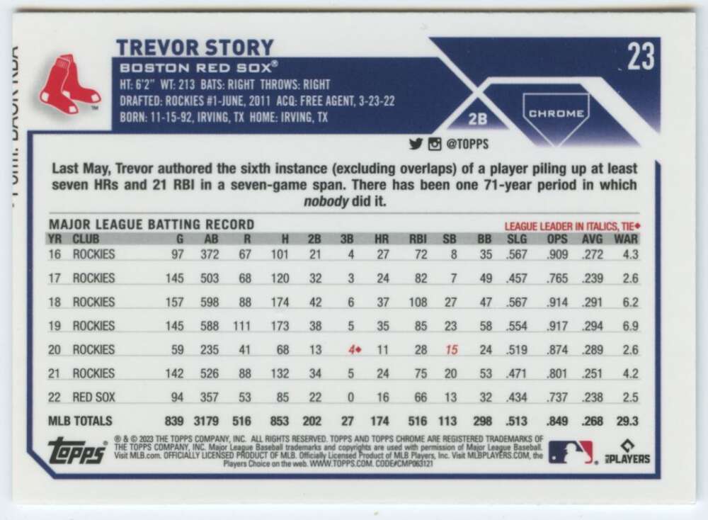 2023 Topps Chrome #23 Trevor Story Baseball Card with Boston Red Sox statistics