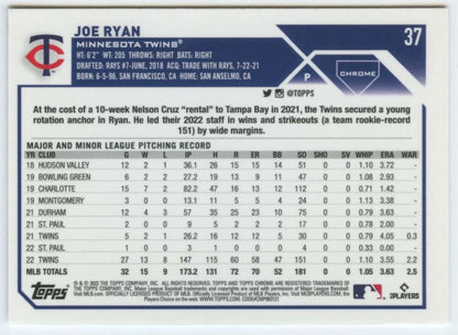 Joe Ryan Minnesota Twins 2023 Topps Chrome #37 baseball card with player stats