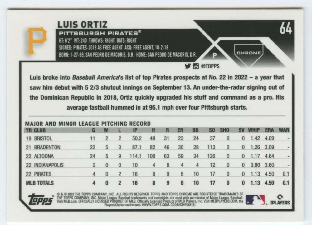 Luis Ortiz 2023 Topps Chrome baseball card featuring player statistics and career info