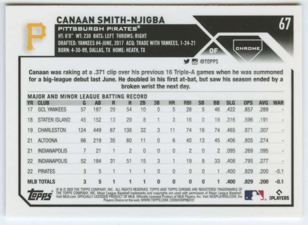 Canaan Smith-Njigba Pittsburgh Pirates Topps Chrome baseball card with stats and career info