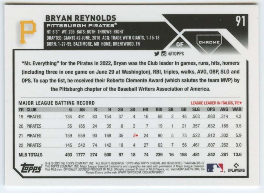 Baseball card featuring Bryan Reynolds stats from 2023 Topps Chrome #91 Pittsburgh Pirates