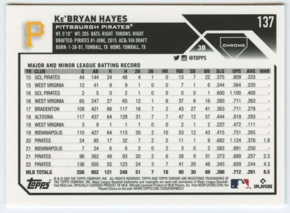 Baseball card of Ke’Bryan Hayes with stats from 2023 Topps Chrome Pittsburgh Pirates