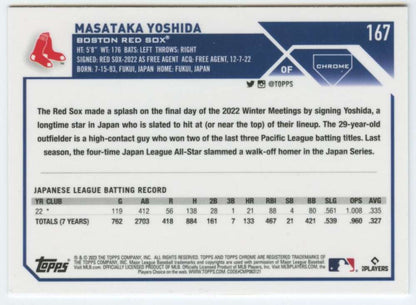 Masataka Yoshida Boston Red Sox Topps Chrome baseball card with Japanese League stats