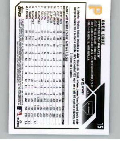 Baseball card displaying player stats for 2023 Topps Chrome Oneil Cruz, Pittsburgh Pirates