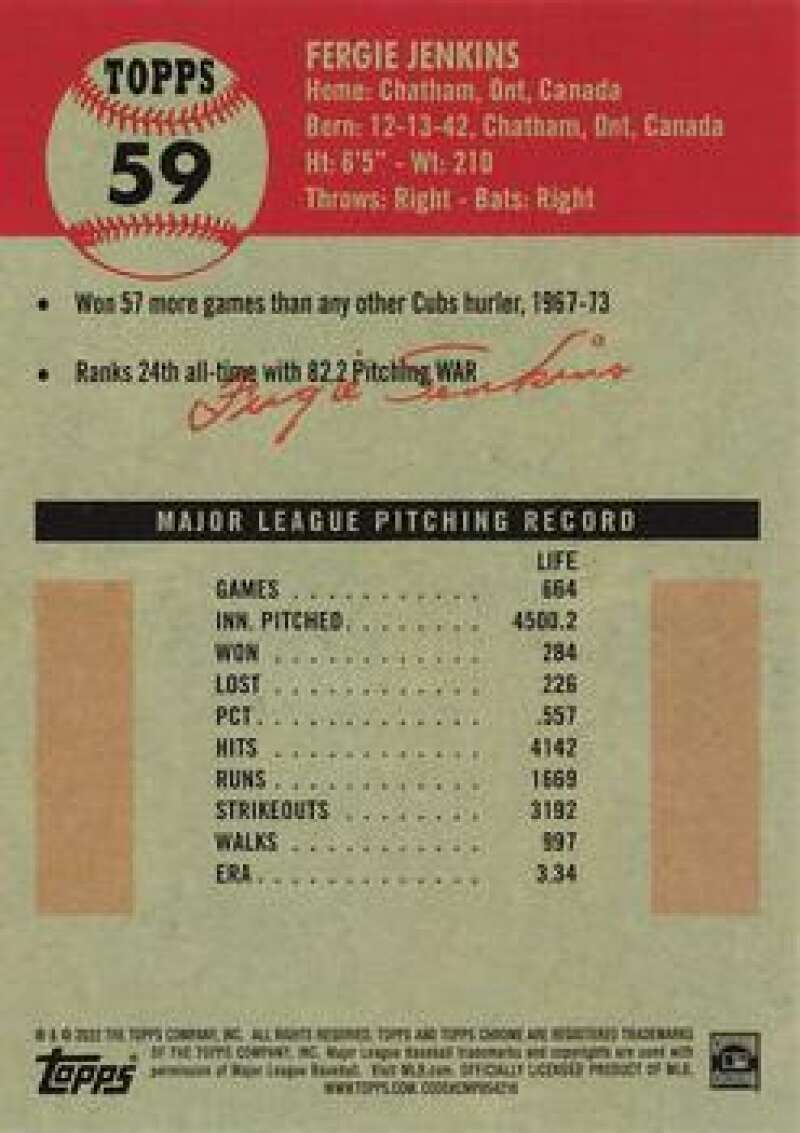 Back of 1959 Topps baseball card featuring Fergie Jenkins pitching stats and career info