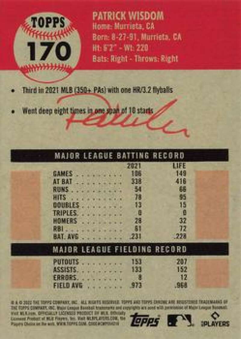 Baseball card featuring Patrick Wisdom’s stats from the Chicago Cubs Topps #170 series