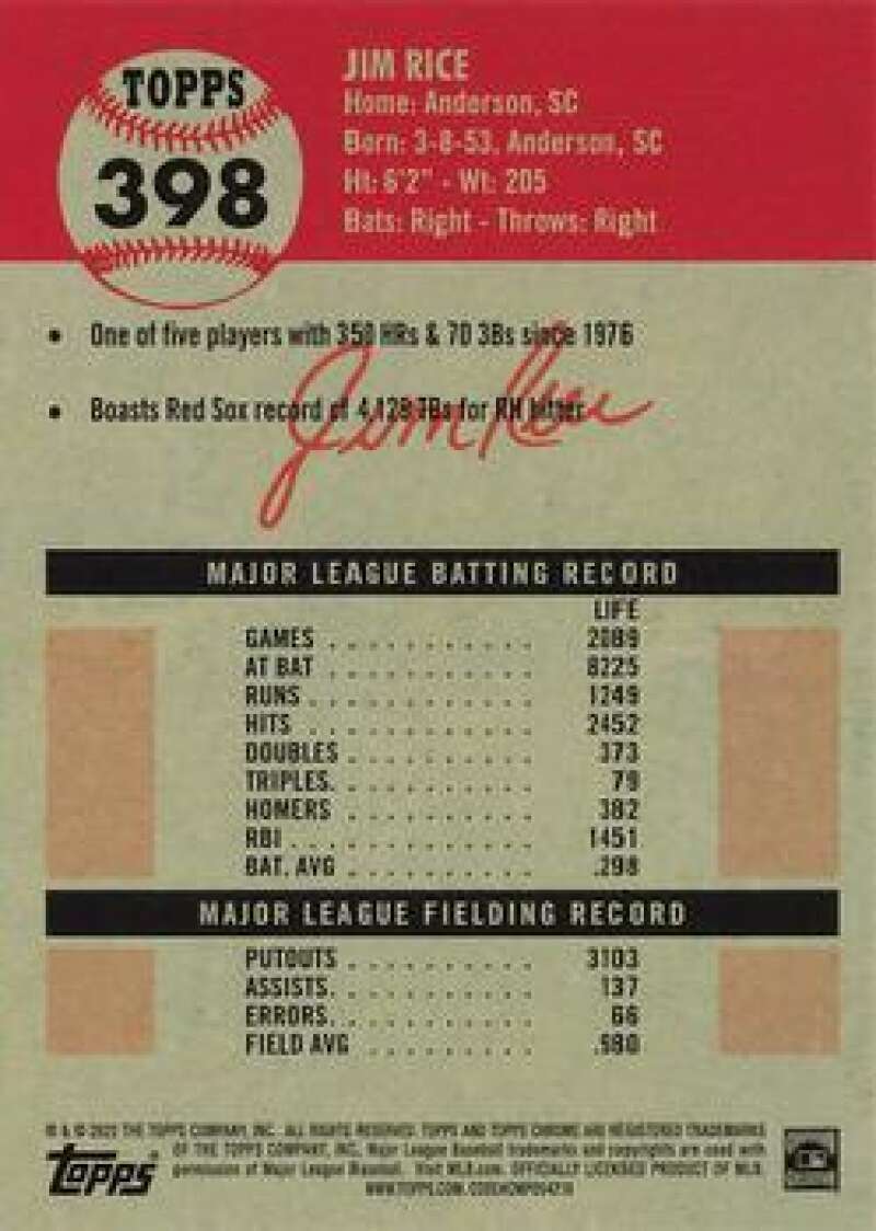 Vintage Topps baseball card #398 featuring Jim Rice and Boston Red Sox career statistics