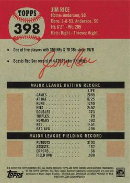 Vintage Topps baseball card #398 featuring Jim Rice and Boston Red Sox career statistics