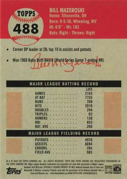 Baseball card featuring Bill Mazeroski’s stats, Pittsburgh Pirates Platinum Anniversary