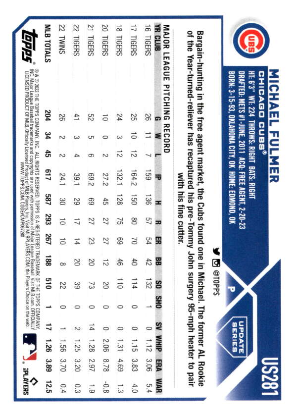 Baseball trading card featuring Michael Fulmer stats in blue border, Topps Update Series