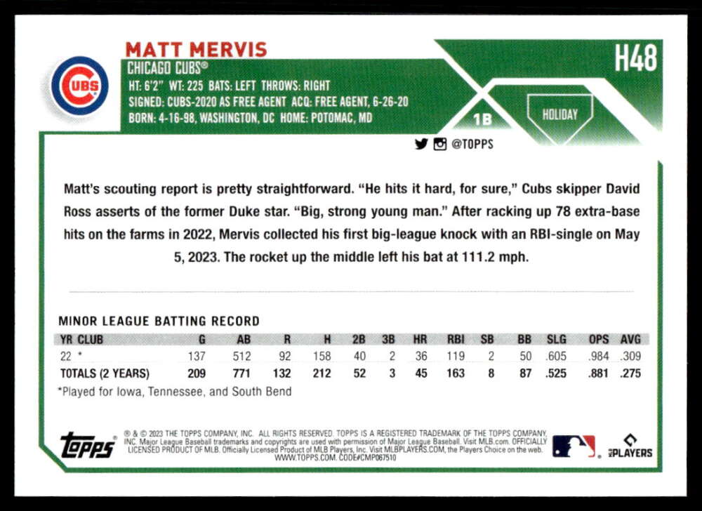 Baseball card featuring Matt Mervis minor league stats for Chicago Cubs rookie